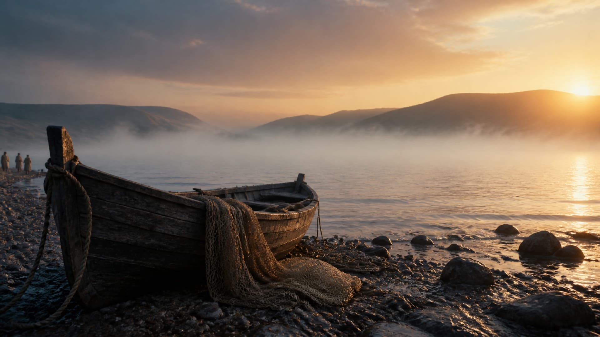Empty boat and nets on Gennesaret at first light.